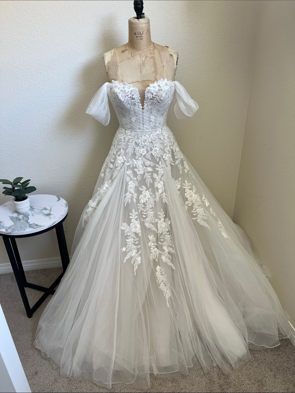 Mori Lee Ivory Tulle Off-Shoulder A-Line Bridal Gown